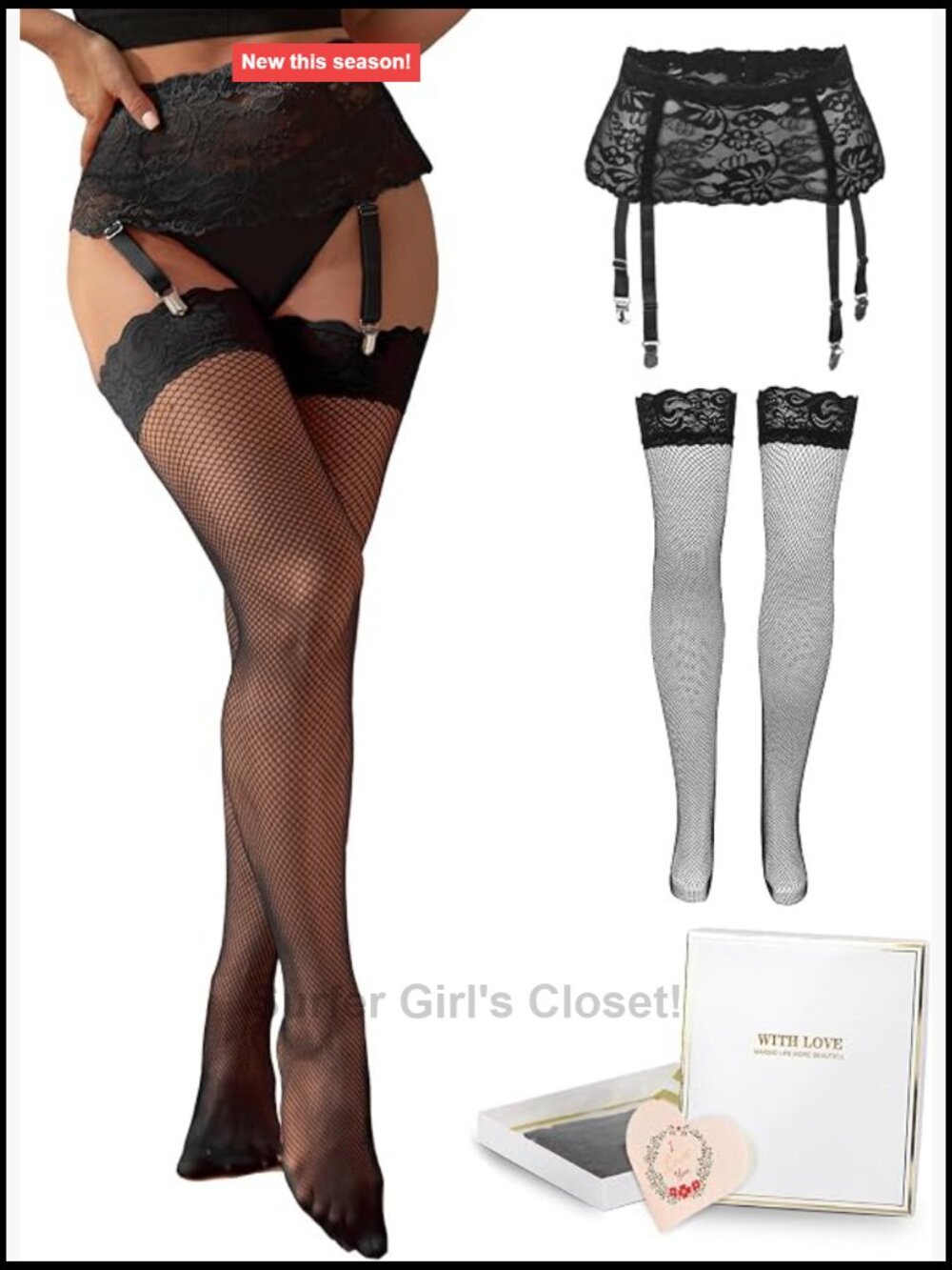 Women's Lace Mesh Garter Belt 4 Adjustable Straps Metal Clips Thigh Highs